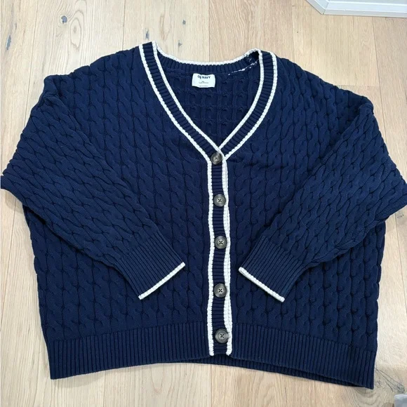 🕶️ Navy Blue Cable Knit Cardigan Sweater size XXL 100% cotton - Picture 2 of 6